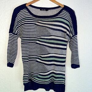 NIC+ZOE Blue White Stripe Linen Sweater Top Artsy Sheer Coastal Nautical Preppy